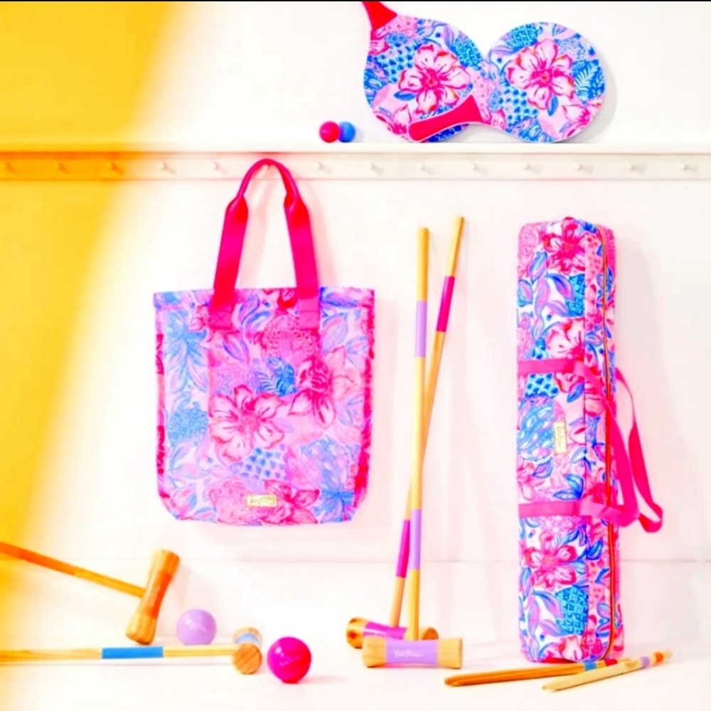Lilly Pulitzer Croquet Set, Paddle Ball Set, Tote